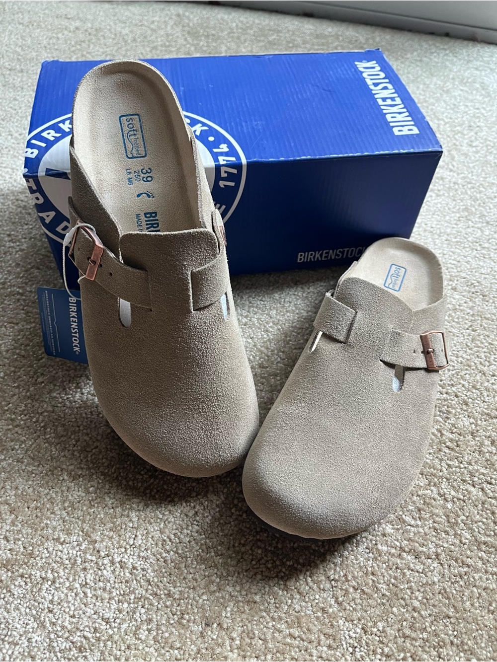 Birkenstock Soft Suede Clogs in Beige